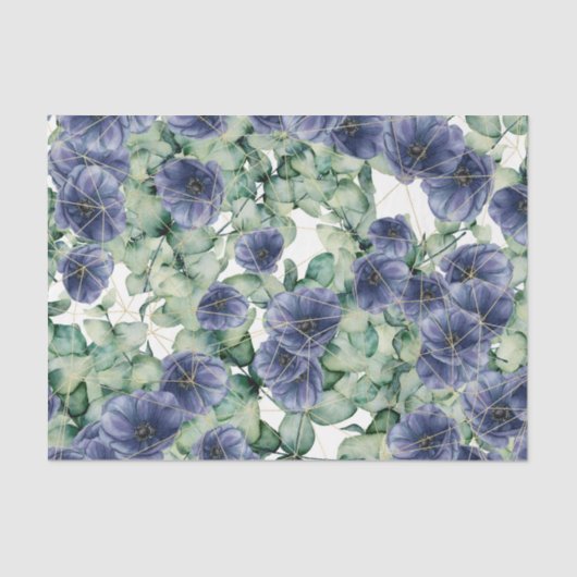 Papier Mousseline Fleurs bleues avec feuilles verts et or (Recto)