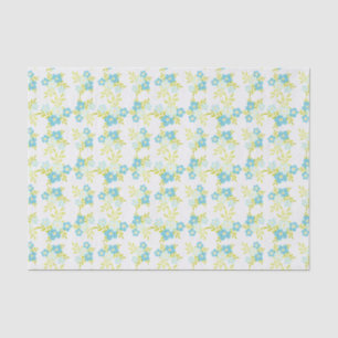 Papier Mousseline Fleurs bleues délicates Feuilles vertes sur fond b
