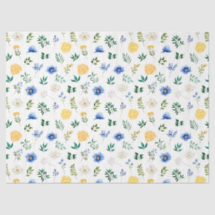 Papier Mousseline Fleurs bleues et jaunes avec motif de feuillage