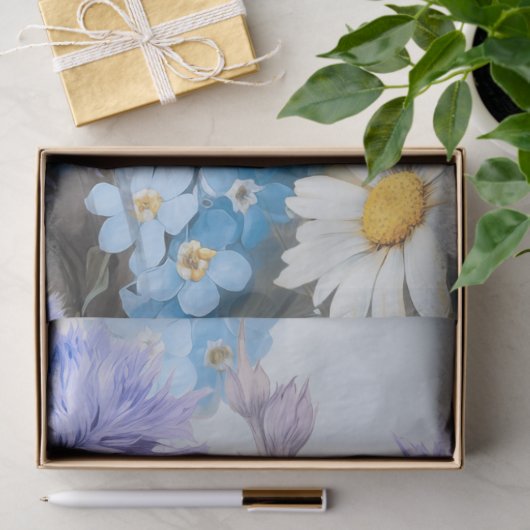 Papier Mousseline Fleurs bleues et marguerites éthérées Découpage (Cadeau)