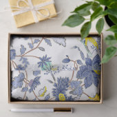 Papier Mousseline Fleurs Bleues Oiseaux Jaunes Papier Tissu (Cadeau)