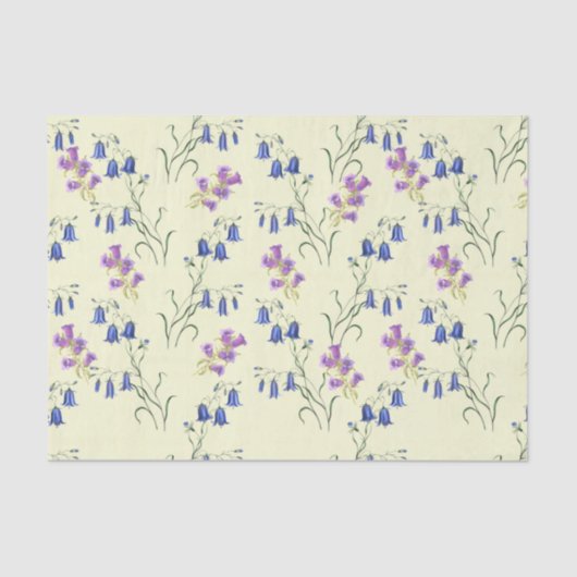 Papier Mousseline Fleurs Bleues Pastel et Violettes (Recto)