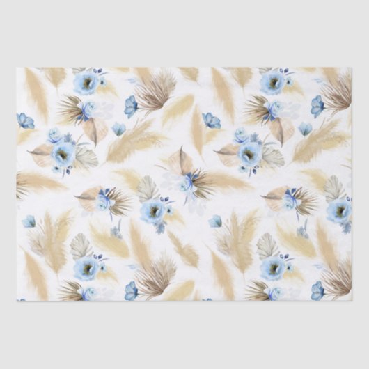 Papier Mousseline Fleurs bleues poussiéreuses et Pampas Grass Exotiq (Recto)