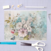 Papier Mousseline Fleurs bleues, roses et blanches en mélange de tec (Artisanat)