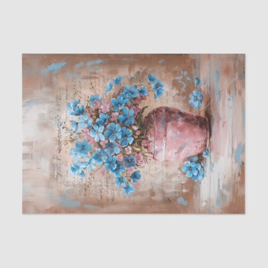 Papier Mousseline Fleurs bleues rustiques Vase rose Shabby Découpage (Recto)
