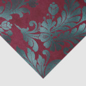 Papier Mousseline Fleurs bleues vertes sur le vin Découpage rouge (Détail)