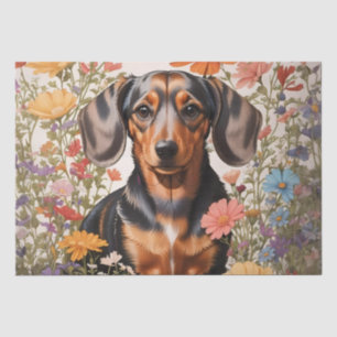 Papier Mousseline Fleurs Brown De Dachshund Et Cosmos