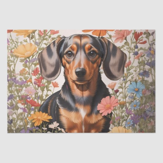 Papier Mousseline Fleurs Brown De Dachshund Et Cosmos (Recto)
