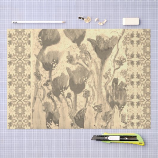 Papier Mousseline Fleurs clôturées Sepia (Artisanat)