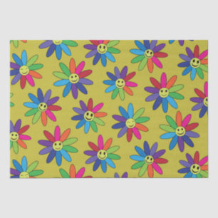Papier Mousseline Fleurs colorées rétro avec des visages heureux mot