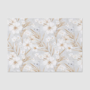 Papier Mousseline Fleurs Crème Blanche Papillons Bleus Baby Shower d
