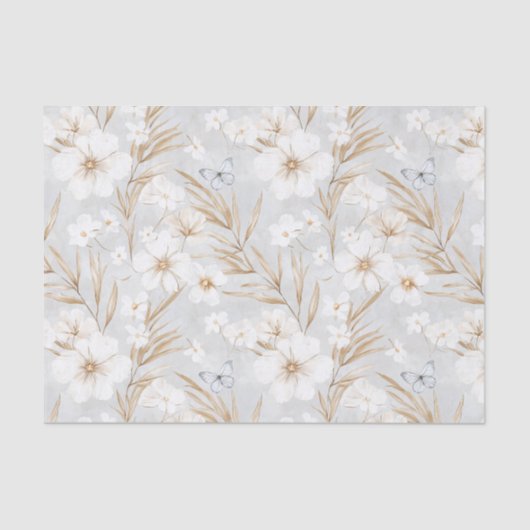 Papier Mousseline Fleurs Crème Blanche Papillons Bleus Shower de Mar (Recto)