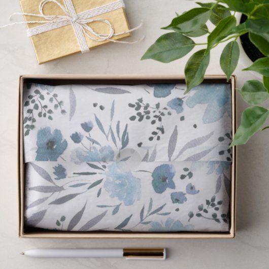 Papier Mousseline fleurs d'aquarelle bleue motif (Cadeau)