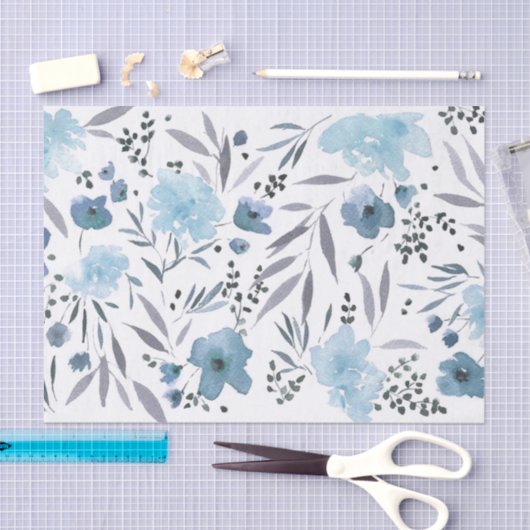 Papier Mousseline fleurs d'aquarelle bleue motif (Artisanat)