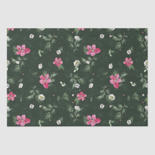 Papier Mousseline Fleurs d'aquarelle de Noël vertes et bleues (Recto)