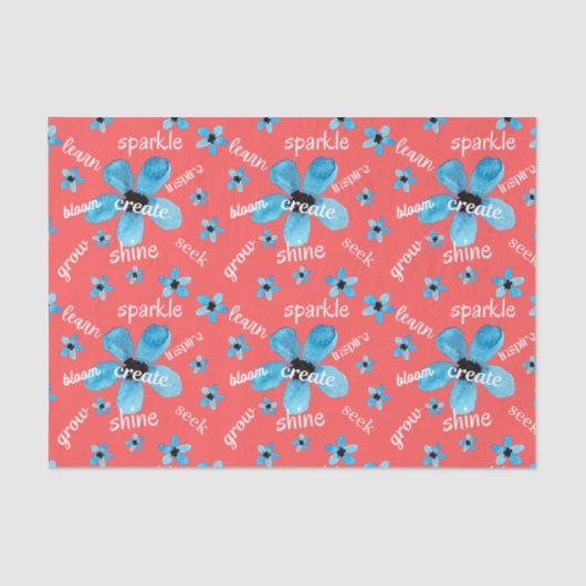 Papier Mousseline Fleurs d'aquarelle rouge et bleu avec Affirmations (Recto)