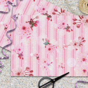 Papier Mousseline Fleurs de cerisiers sur Motif à rayures roses