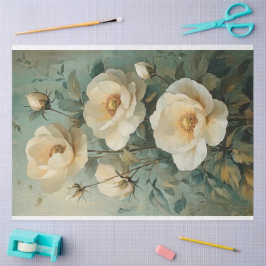 Papier Mousseline Fleurs de crème (Artisanat)