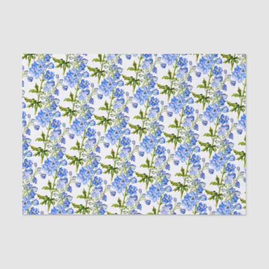 Papier Mousseline Fleurs de delphinium bleu sur blanc (Recto)
