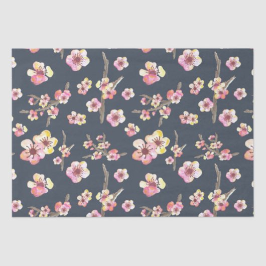 Papier Mousseline Fleurs de fleurs de cerisier bleu marine et rose (Recto)