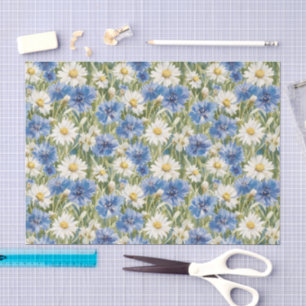 Papier Mousseline Fleurs de marguerite bleues blanches Anniversaire