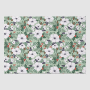 Papier Mousseline Fleurs de Noël blanches et motif de baies rouges