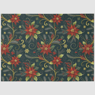 Papier Mousseline Fleurs de Noël Rouge Or Vert Decoupage