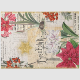Papier Mousseline Fleurs de Noël Vintage Holly Ephemera Decoupage