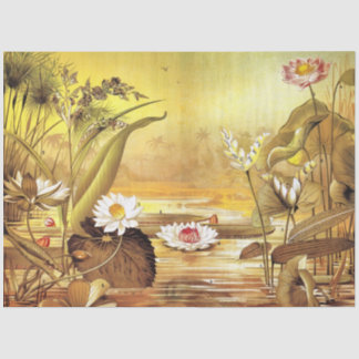 Papier Mousseline Fleurs de Nymphaea Lotus blanches vintage