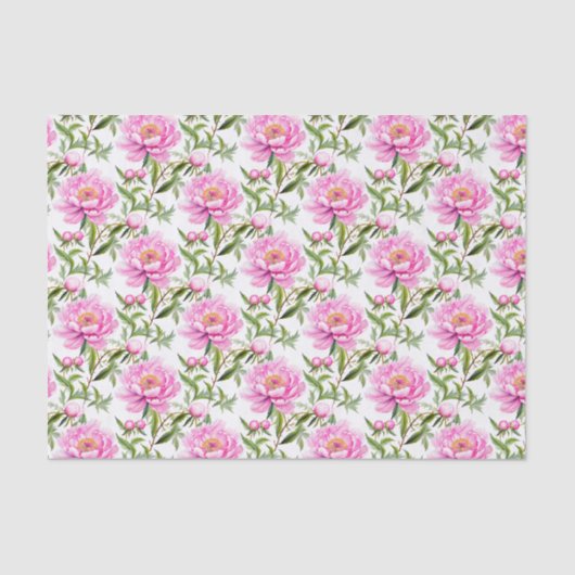 Papier Mousseline Fleurs de pivoines roses avec Feuilles verts Sage (Recto)
