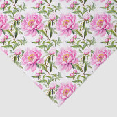 Papier Mousseline Fleurs de pivoines roses avec Feuilles verts Sage (Détail)