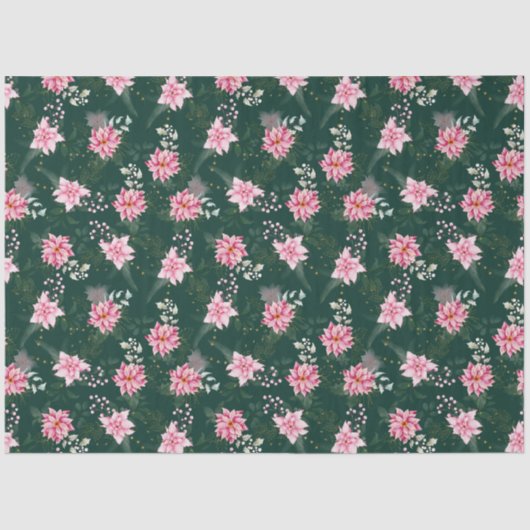 Papier Mousseline Fleurs de Poinsététie rose sur Vert foncé (Recto)