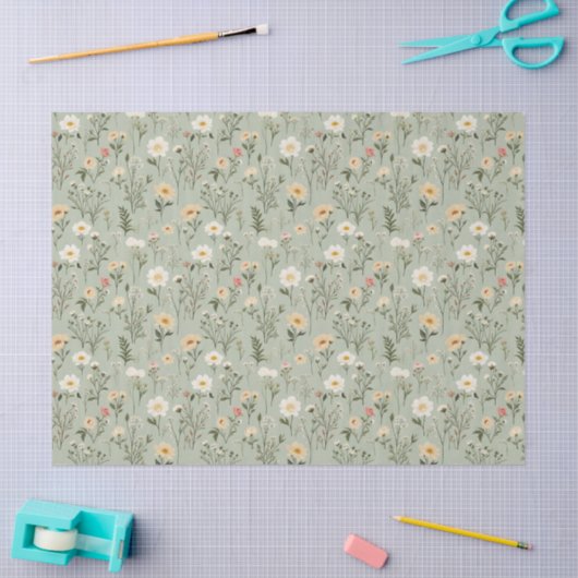 Papier Mousseline Fleurs de prairie sur vert (Artisanat)