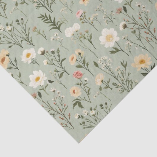 Papier Mousseline Fleurs de prairie sur vert (Détail)