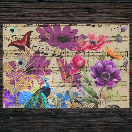 Papier Mousseline Fleurs de printemps de paon Score musical et papil