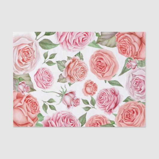 Papier Mousseline Fleurs de rosier rose corail pêche feuillage chic (Recto)