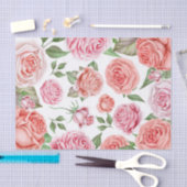 Papier Mousseline Fleurs de rosier rose corail pêche feuillage chic (Artisanat)