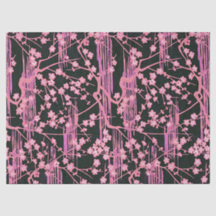 Papier Mousseline FLEURS DE SAKURA NOIR ROSE Modèle Floral japonais