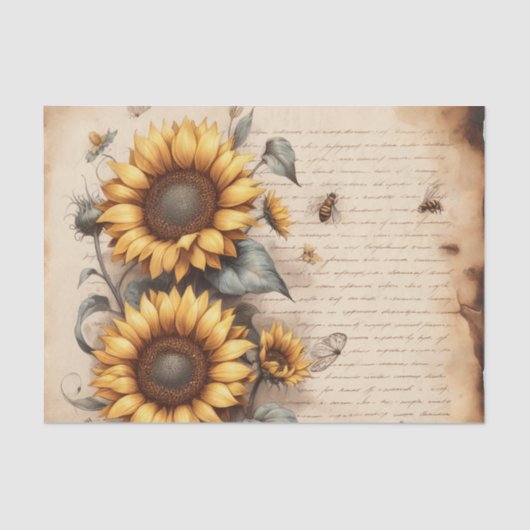 Papier Mousseline Fleurs de soleil avec abeilles et papillons (Recto)