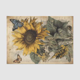 Papier Mousseline Fleurs de soleil vintages avec Bleu et Papillons B