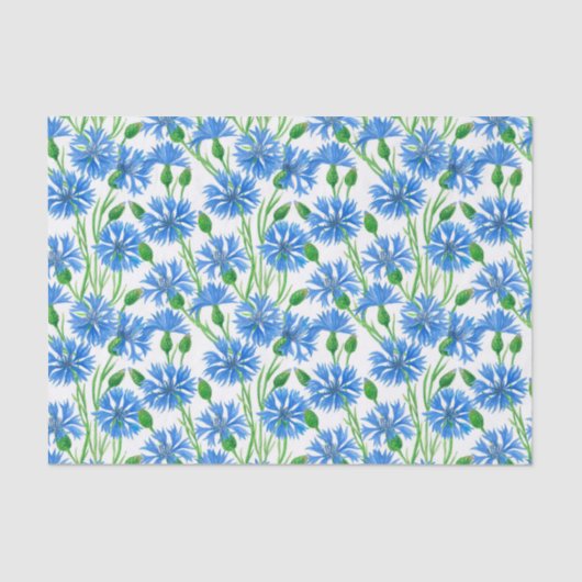Papier Mousseline Fleurs d'eau bleu, fleurs sauvages sur blanc (Recto)