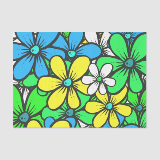 Papier Mousseline Fleurs d'été assez brillantes Bleu Jaune et Vert (Recto)