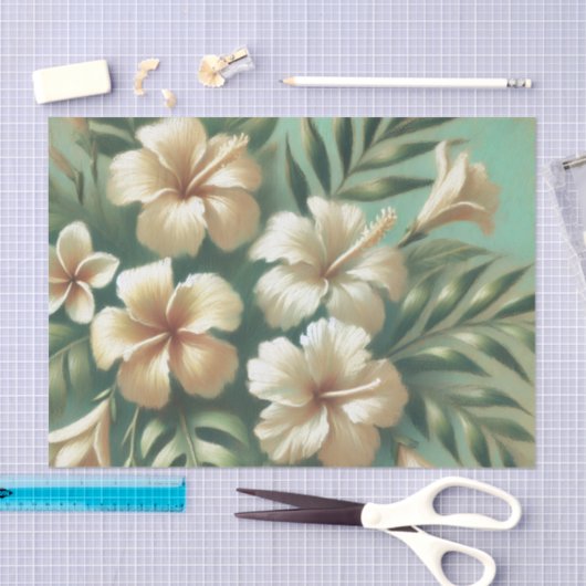 Papier Mousseline Fleurs d'Hibiscus blanc Découpage tropicale verte (Artisanat)