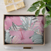 Papier Mousseline Fleurs d'Hibiscus roses et grands Feuilles tropica (Cadeau)