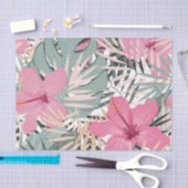 Papier Mousseline Fleurs d'Hibiscus roses et grands Feuilles tropica (Artisanat)