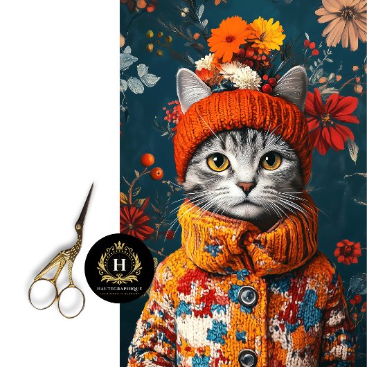 Papier Mousseline Fleurs d'Hiver Chat Gris Découpage