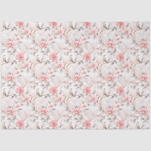 Papier Mousseline Fleurs d'oiseau asiatique rose tendre (Recto)