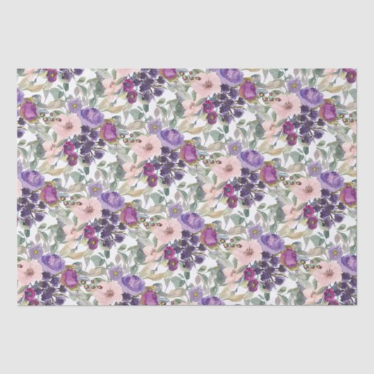 Papier Mousseline Fleurs et feuillage rose blush violet (Recto)