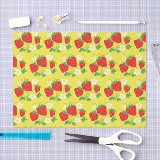 Papier Mousseline Fleurs et fraises Motif Jaune (Artisanat)