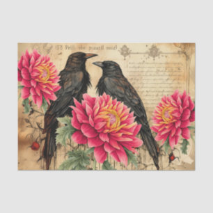 Papier Mousseline Fleurs et ravens roses Vintages
